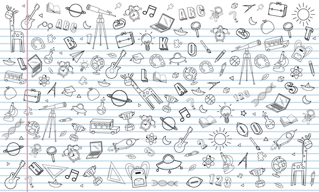 Concepto de educación Fondo escolar con diferentes cosas de papel de bloc de notas y regreso a la escuela