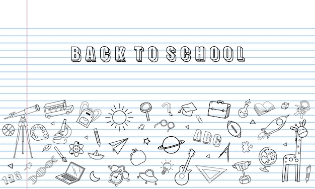 Vector concepto de educación fondo escolar con diferentes cosas de papel de bloc de notas y vector de diseño de regreso a la escuela