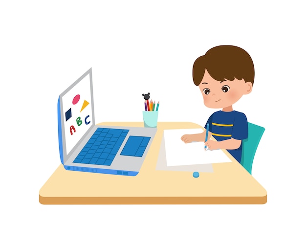 Concepto de educación en el hogar para niños. Educación en línea en casa en medio de la pandemia de la corona. Little boyusing laptop para escuela en línea en la nueva era normal. Estilo plano aislado sobre fondo blanco.