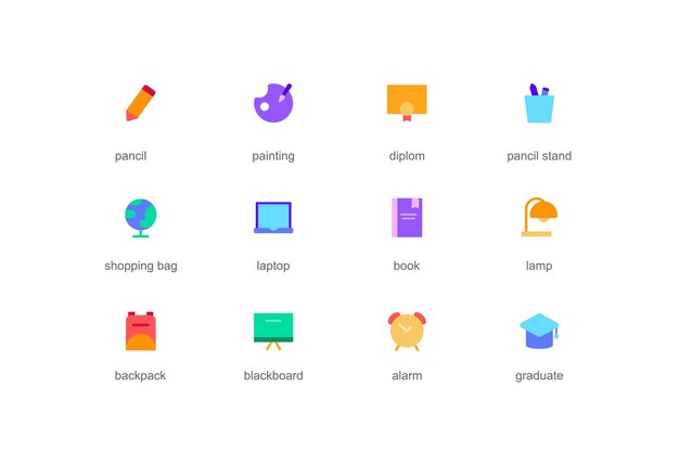 Concepto de educación de iconos web en diseño plano de color Paquete de globo de diploma de pintura a lápiz