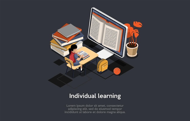 Concepto de educación individual en línea y fuera de línea Aprendizaje electrónico a distancia El estudiante de carácter femenino tiene un libro de lectura de niña de aprendizaje individual Sentado en el escritorio Dibujos animados isométricos Ilustración vectorial 3d