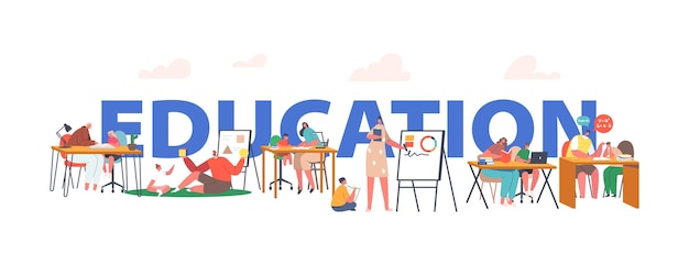 Concepto de educación infantil Padres e hijos hacen lecciones Familia Preparar clases escolares Madre Padre Niños Personajes Hacer deberes Cartel Pancarta o volante Dibujos animados Personas Vector Ilustración