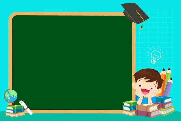 Concepto de educación infantil de regreso a la escuela con pila de libros de pizarra de niño y niña
