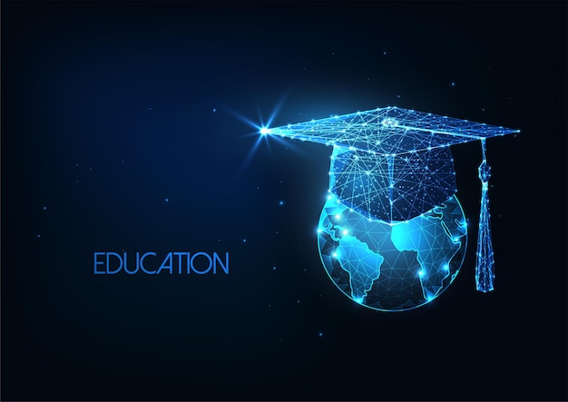 Vector concepto de educación internacional futurista con gorra de graduación poligonal baja brillante y globo terráqueo.