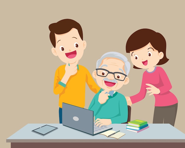 Concepto de educación en línea para adultos usando una familia en una computadora portátil en casa