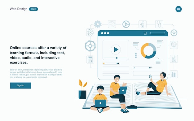 Concepto de educación en línea aprendizaje en línea con plataforma y recursos ilustración vectorial
