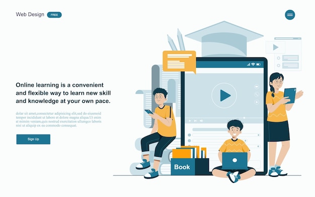 Concepto de educación en línea Aprendizaje en línea con plataforma y recursos Ilustración vectorial