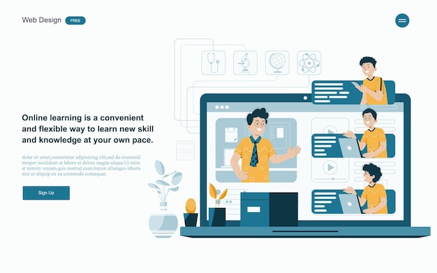 Concepto de educación en línea Aprendizaje en línea con plataforma y recursos Ilustración vectorial