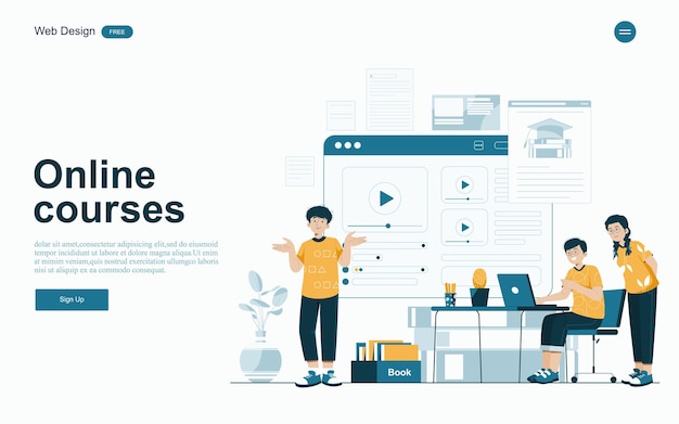 Concepto de educación en línea Aprendizaje en línea con plataforma y recursos Ilustración vectorial