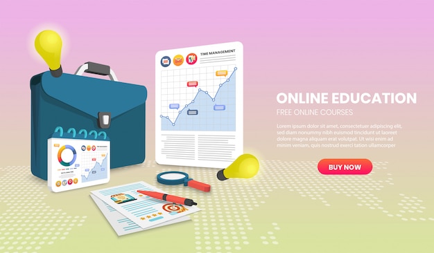Concepto de educación en línea con documento y maletín Vector ilustración vectorial 3d.