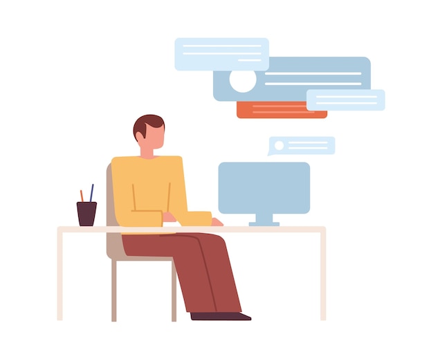 Concepto de educación en línea. Estudiante en capacitación en Internet o seminario web. Escena con un hombre sentado en la computadora, estudiando o trabajando. Ilustración de vector plano coloreado aislado sobre fondo blanco.