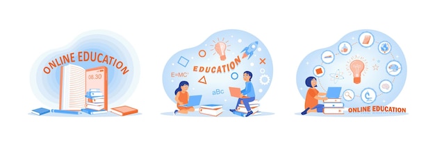 Concepto de educación en línea con estudiantes y elementos de aprendizaje digital ilustrados