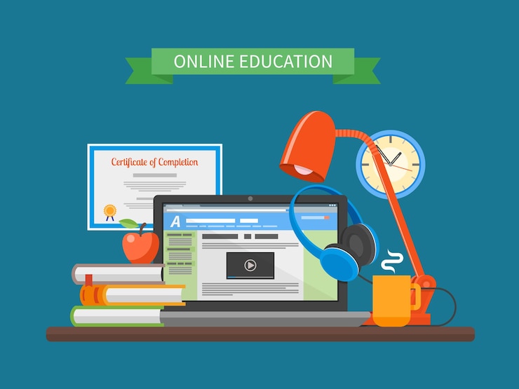 Vector concepto de educación en línea. ilustración de vector de estilo plano. elementos de diseño de cursos de formación en internet. laptop en una mesa
