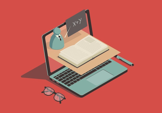 Concepto de educación en línea isométrica con computadora portátil y maestro abstracto