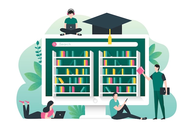 Concepto de educación en línea con libros de la biblioteca digital