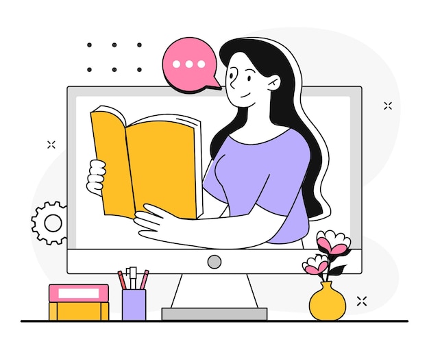 Concepto de educación en línea mujer joven con un libro en las manos mira fuera del monitor de la computadora webinar o