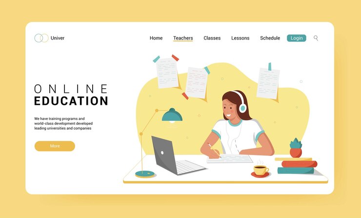 Vector concepto de educación en línea para la página de destino estudio de niñas en línea en la computadora