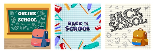 Concepto de educación en línea Suministros escolares en papel gráfico Fondo Bolsa naranja con dibujo de Doodle