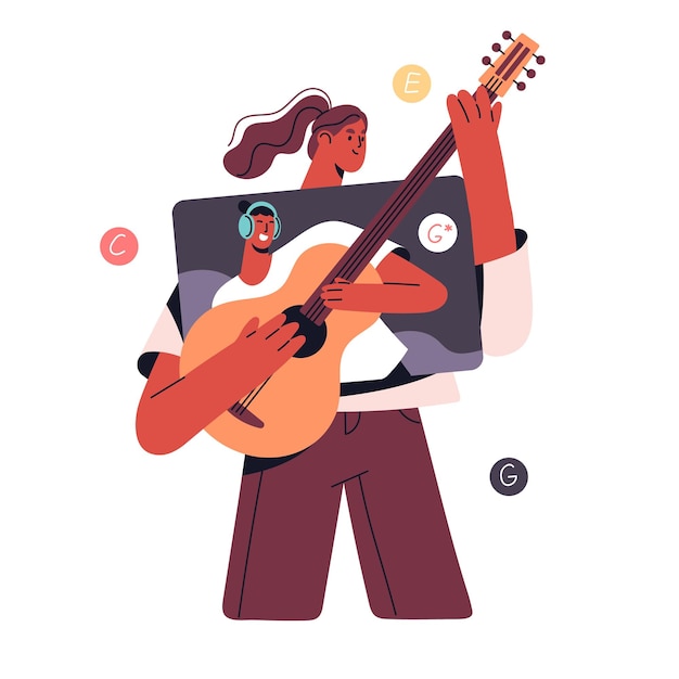 Concepto de educación musical en línea La mujer aprende a tocar la guitarra por video de Internet La niña toca un instrumento con un maestro distante en la lección virtual Ilustración vectorial plana aislada en fondo blanco