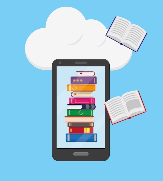 Concepto de educación o aprendizaje de lectura en línea Pila de libros en el teléfono móvil y libros voladores