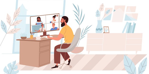 Concepto de educación online en diseño plano. El hombre está viendo el seminario web desde la computadora en casa. El maestro lleva a cabo una lección de videoconferencia para los estudiantes. Escena de personas de aprendizaje a distancia. Ilustración vectorial