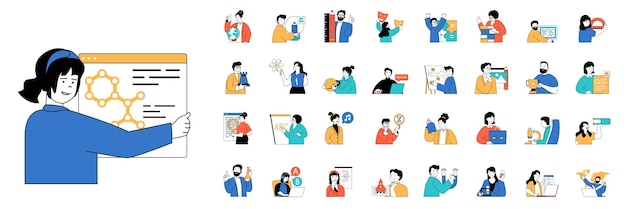 Concepto de educación con personas situaciones mega conjunto en diseño web plano conjuntos de escenas de estudios cursos de investigación científica elearning ilustraciones vectoriales para medios sociales material de marketing de banner