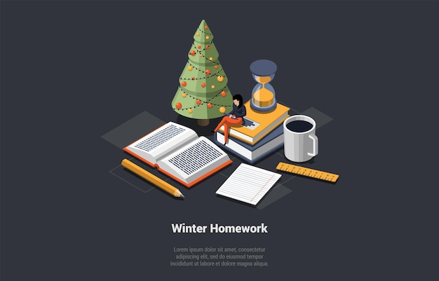 Concepto de educación en vacaciones de invierno chica estudiante haciendo su tarea sentada en una pila de libros cerca del árbol de navidad taza de café lápiz y reloj de arena ilustración vectorial de dibujos animados 3d isométrica