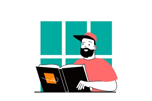 Concepto educativo con escena de personas en diseño web plano Estudiante leyendo libros y haciendo tareas preparándose para lecciones o exámenes Ilustración vectorial para material de marketing de banners en redes sociales