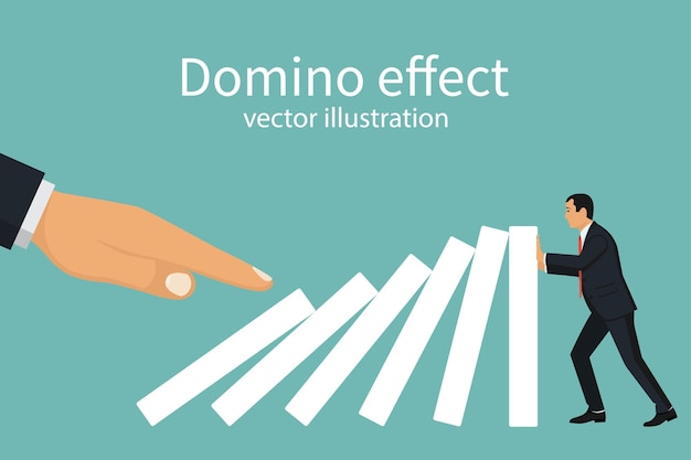 Concepto de efecto dominó Gran mano empuja fichas de dominó de pie en fila El ser humano detiene la caída Detención de la intervención de reacción en cadena Ilustración vectorial diseño plano Aislado sobre fondo blanco