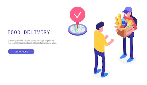 Vector concepto eficiente de entrega de alimentos una mensajera femenina entrega paquetes de comida deliciosa banner web isométrico vector