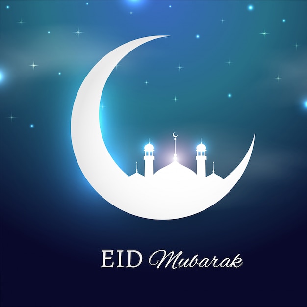 Vector concepto de eid mubarak con brillante luna creciente y mezquita