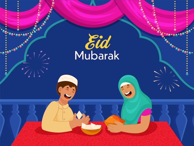 Concepto de Eid Mubarak con un niño y una niña islámicos alegres comiendo dulces en el fondo de fuegos artificiales azules