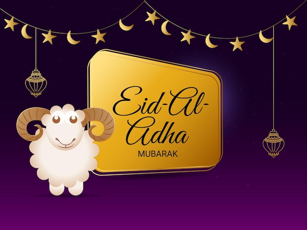 Concepto de EidAlAdha Mubarak con ovejas de dibujos animados sonrientes Lámparas colgantes Estrellas Luna creciente decoradas con fondo dorado y púrpura