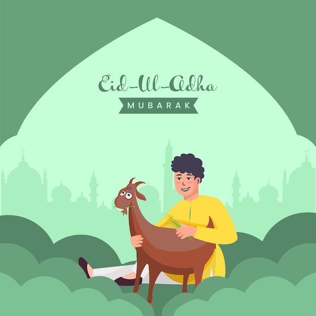 Concepto de EidUlAdha Mubarak con un joven religioso alimentando hierba a una cabra en el fondo de la mezquita de silueta verde