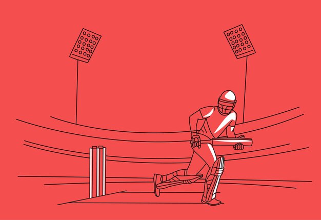 Concepto de ejecución del bateador en el campeonato de campo de cricket Diseño de arte lineal Ilustración vectorial