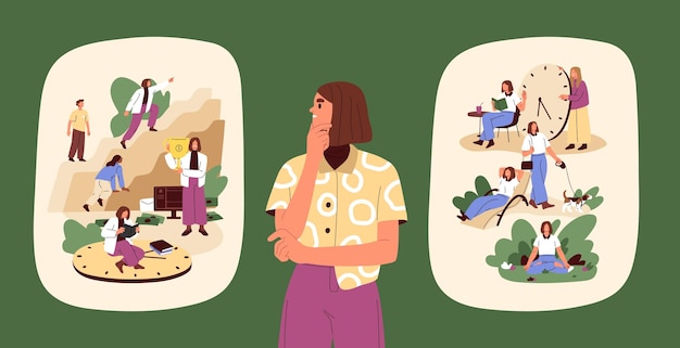 Concepto de elección y equilibrio entre la vida laboral y personal. Persona que compara y elige entre descanso sin preocupaciones, tiempo libre personal y estilo de vida ocupado, carrera profesional para el éxito profesional. Ilustración de vector plano