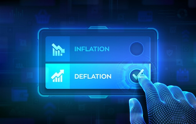 Concepto de elección de inflación o deflación. Tomando decisiones. Dinero comercial y financiero de acciones o forex. Mano en la pantalla táctil virtual marcando la marca de verificación en el botón de desinflado. Ilustración vectorial.