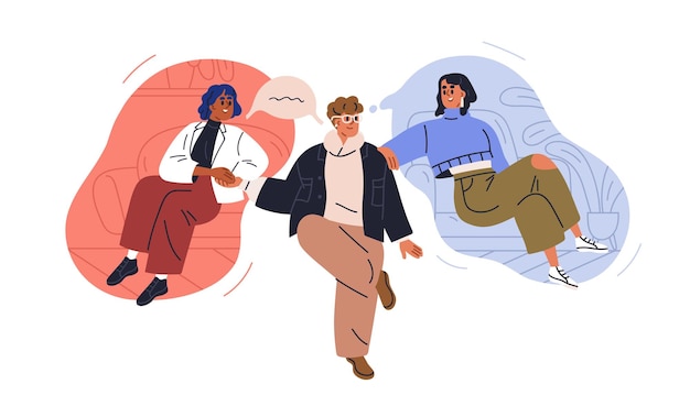 El concepto de elección de pareja de amor Hombre joven coqueteando citas comparando la elección entre dos chicas para pareja Mujeres seduciendo a un chico compitiendo Ilustración vectorial gráfica plana aislada sobre fondo blanco