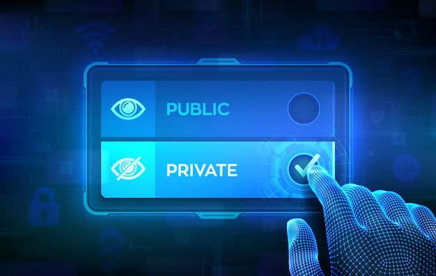 Concepto de elección pública o privada. Tomando decisiones. Asociación público-privada. Gestión de datos. Mano de estructura metálica en la pantalla táctil virtual marcando la marca de verificación en el botón privado. Ilustración vectorial.