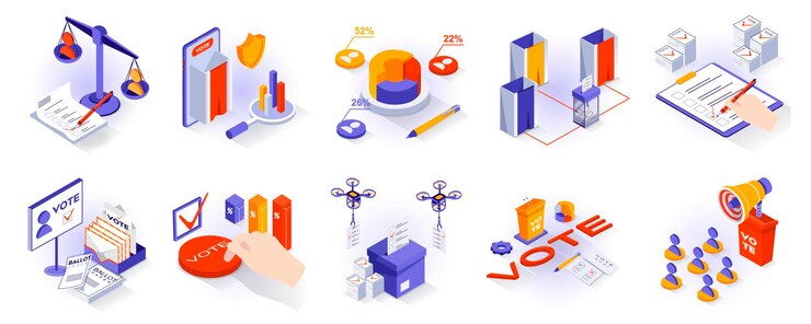 Vector concepto de elección y votación conjunto de iconos 3d isométricos papeletas de votación selección de candidatos cabina de votación