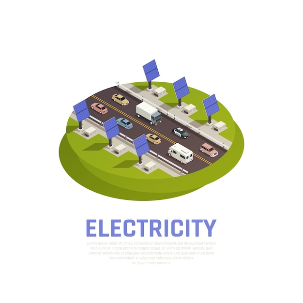 Concepto de electricidad con coches de baterías solares e ilustración vectorial isométrica de autopista