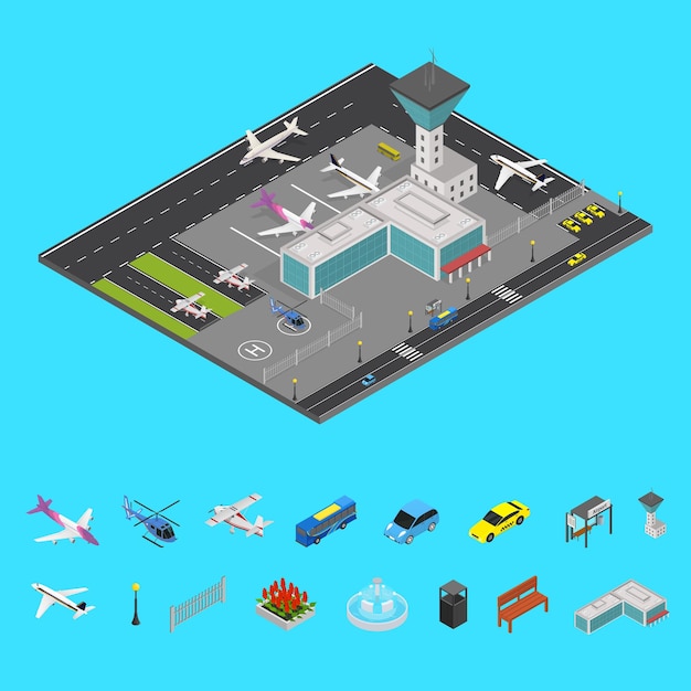 Concepto y elementos del aeropuerto Vista isométrica 3d en un fondo blanco Ilustración vectorial del mapa de elementos del avión y la pista de aterrizaje del edificio