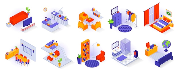 Concepto de elementos interiores del hogar conjunto de iconos 3d isométricos Habitaciones amuebladas isometría aislada
