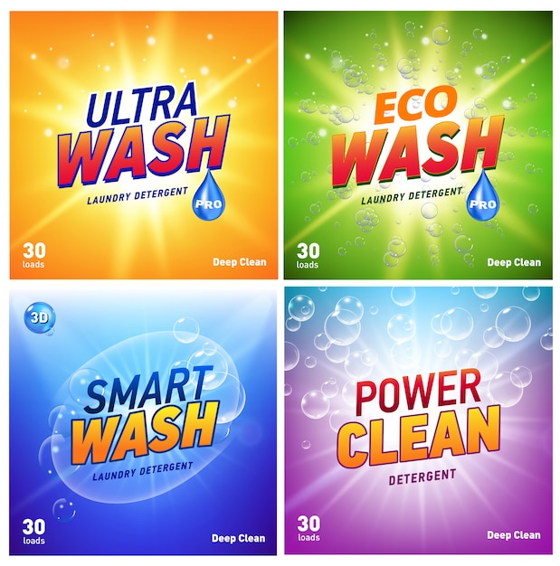 Concepto de embalaje de detergente que muestra limpieza y lavado ecológicos. Paquete de detergente con logo ecológico.