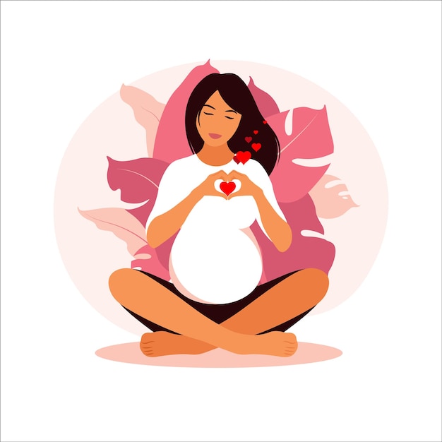 Concepto de embarazo, maternidad, yoga, meditación y atención médica. Ilustración de estilo plano.