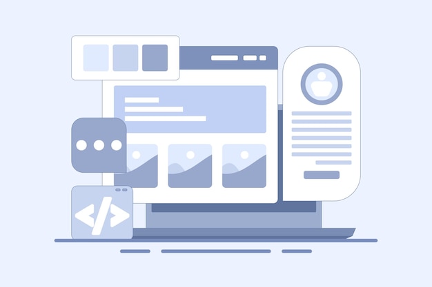 Concepto de empresa de desarrollo de sitios web e ilustración Desarrollo de aplicaciones o mantenimiento de sitios web