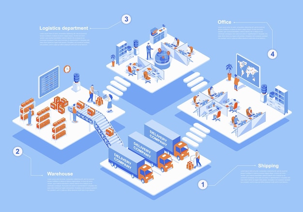 Concepto de empresa de entrega escena web isométrica 3d con infografía las personas trabajan en los trabajadores del departamento de logística cargando cajas en el almacén para el envío ilustración vectorial en diseño gráfico isométrico