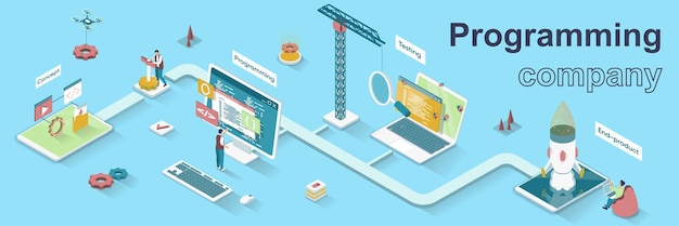 Concepto de empresa de programación Banner web isométrico 3d Las personas desarrollan software y programas