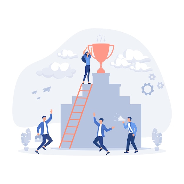 Concepto empresarial Personas que trabajan en su papel con un trofeo en la parte superior Símbolo de éxito del trabajo en equipo