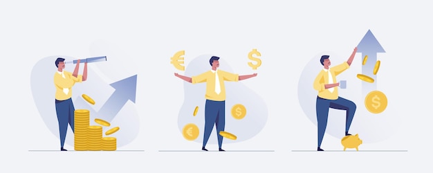 Concepto de empresario en finanzas, crecimiento empresarial e inversión. Ilustración vectorial